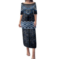 New Zealand Aotearoa Family Matching Puletasi and Hawaiian Shirt Blue Taniko Art Maori Pattern LT05 Mom's Dress Blue - Polynesian Pride
