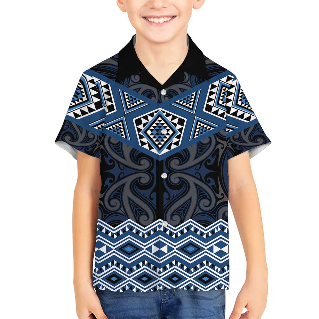 New Zealand Aotearoa Family Matching Puletasi and Hawaiian Shirt Blue Taniko Art Maori Pattern LT05 Son's Shirt Blue - Polynesian Pride