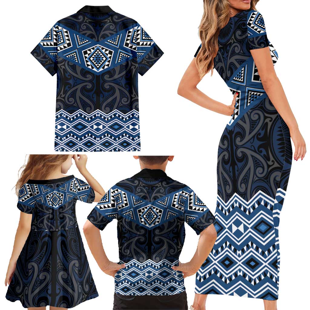 New Zealand Aotearoa Family Matching Short Sleeve Bodycon Dress and Hawaiian Shirt Blue Taniko Art Maori Pattern LT05 - Polynesian Pride