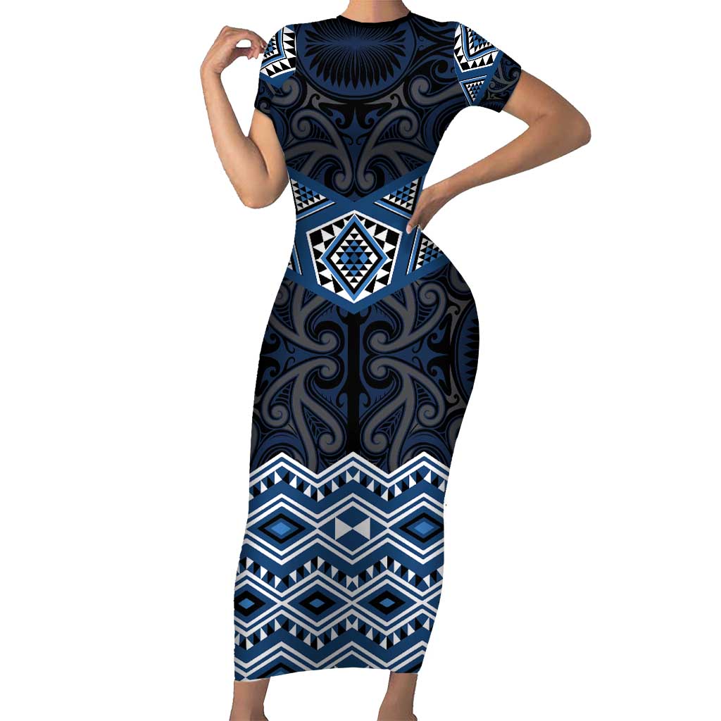 New Zealand Aotearoa Family Matching Short Sleeve Bodycon Dress and Hawaiian Shirt Blue Taniko Art Maori Pattern LT05 Mom's Dress Blue - Polynesian Pride