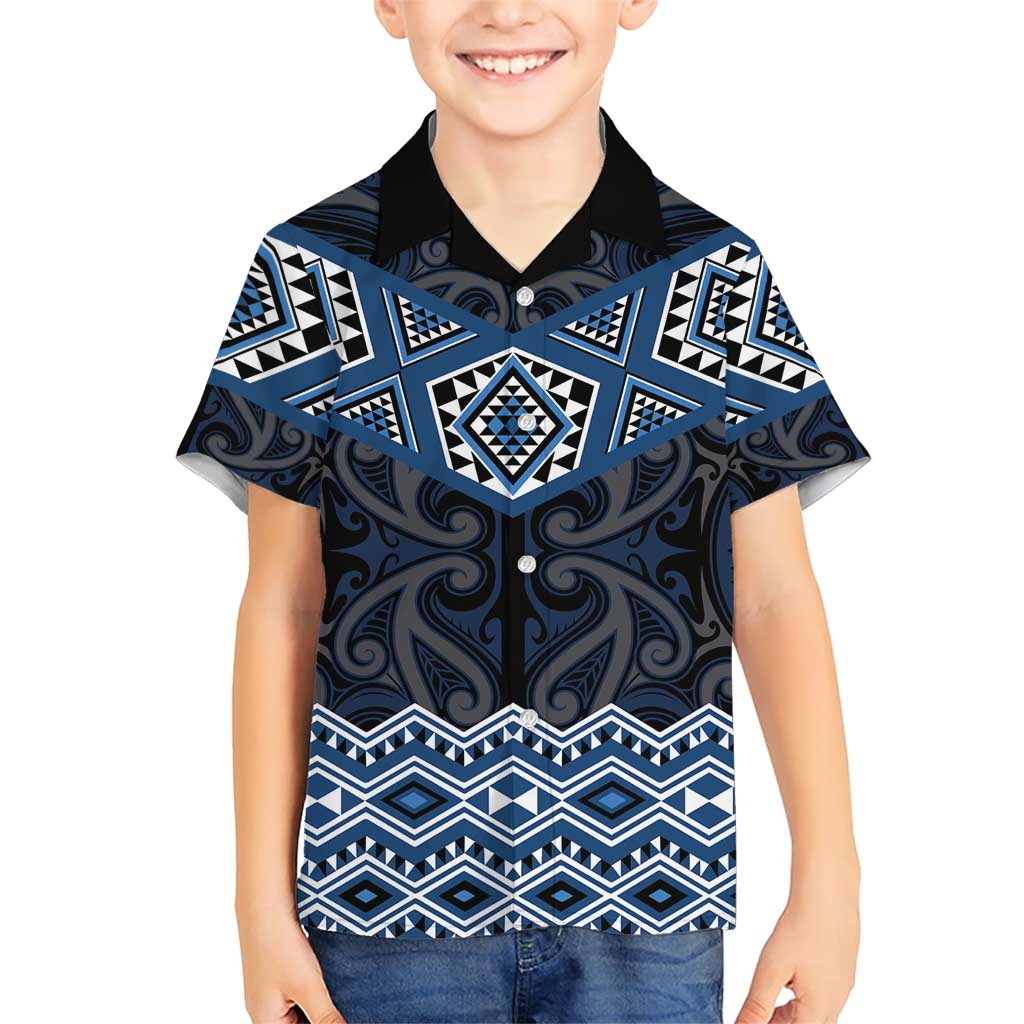 New Zealand Aotearoa Family Matching Short Sleeve Bodycon Dress and Hawaiian Shirt Blue Taniko Art Maori Pattern LT05 Son's Shirt Blue - Polynesian Pride