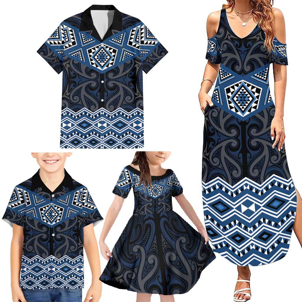 New Zealand Aotearoa Family Matching Summer Maxi Dress and Hawaiian Shirt Blue Taniko Art Maori Pattern LT05 - Polynesian Pride