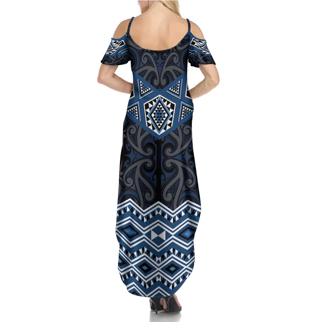 New Zealand Aotearoa Family Matching Summer Maxi Dress and Hawaiian Shirt Blue Taniko Art Maori Pattern LT05 - Polynesian Pride