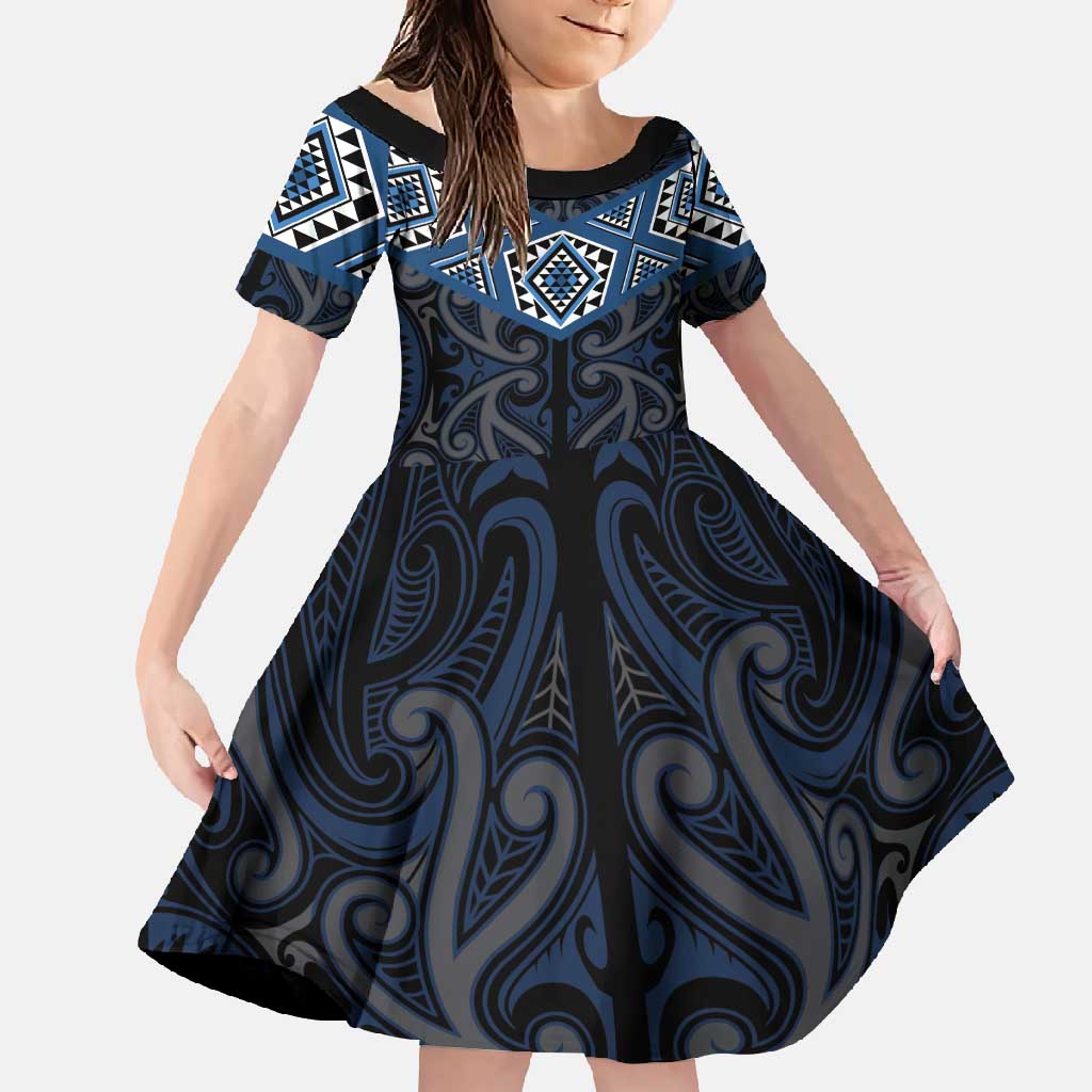 New Zealand Aotearoa Family Matching Tank Maxi Dress and Hawaiian Shirt Blue Taniko Art Maori Pattern LT05 Daughter's Dress Blue - Polynesian Pride