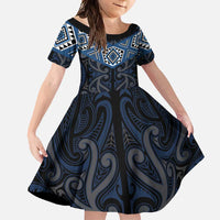 New Zealand Aotearoa Family Matching Tank Maxi Dress and Hawaiian Shirt Blue Taniko Art Maori Pattern LT05 Daughter's Dress Blue - Polynesian Pride