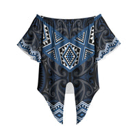 New Zealand Aotearoa Off Shoulder Wrap Waist Top Blue Taniko Art Maori Pattern LT05 Blue - Polynesian Pride