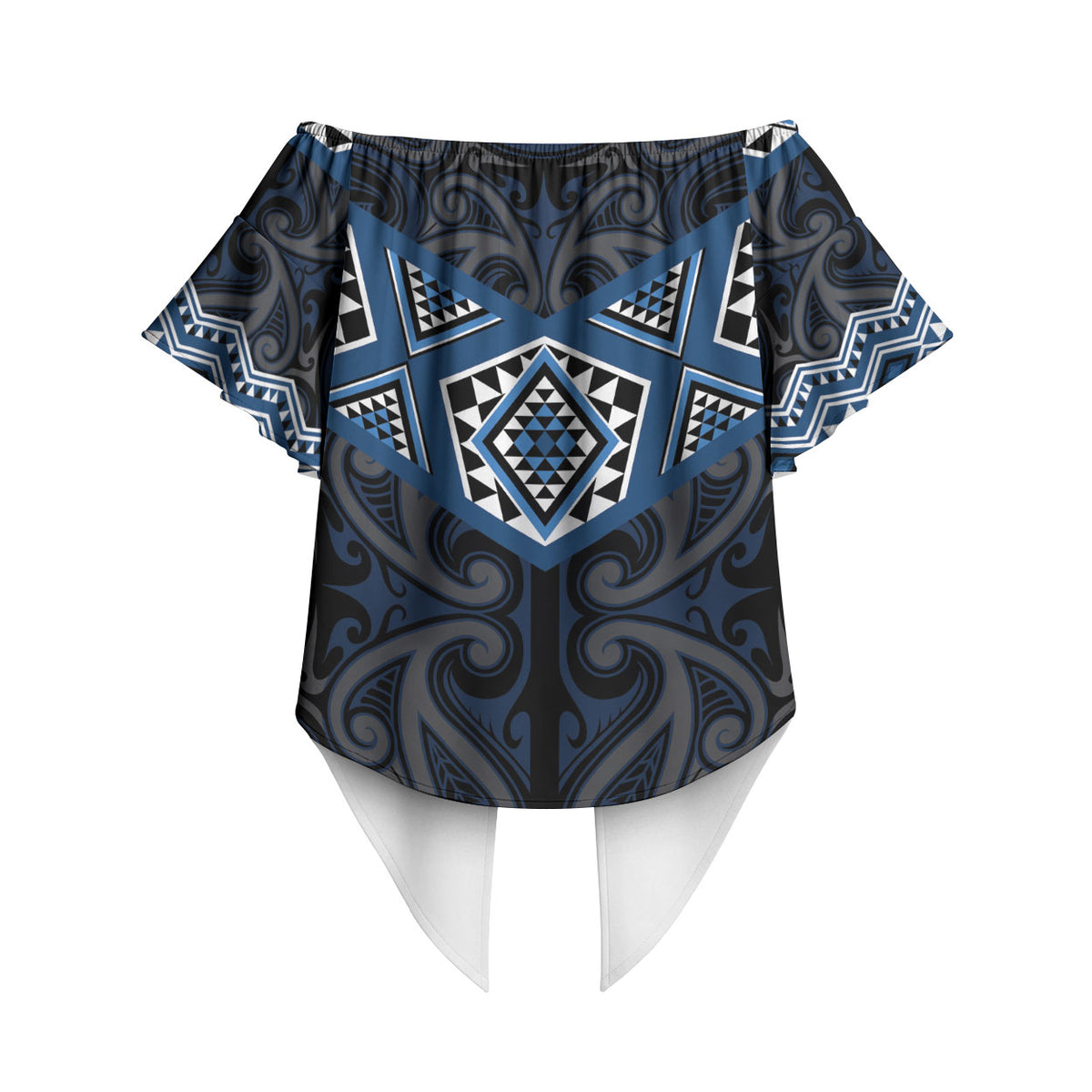 New Zealand Aotearoa Off Shoulder Wrap Waist Top Blue Taniko Art Maori Pattern LT05 - Polynesian Pride