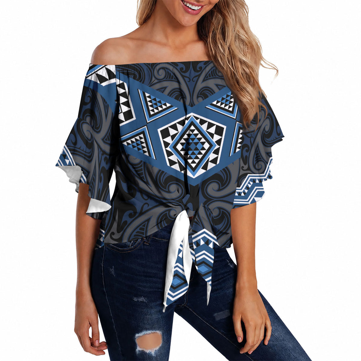 New Zealand Aotearoa Off Shoulder Wrap Waist Top Blue Taniko Art Maori Pattern LT05 - Polynesian Pride
