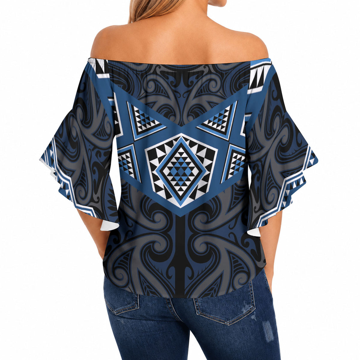 New Zealand Aotearoa Off Shoulder Wrap Waist Top Blue Taniko Art Maori Pattern LT05 - Polynesian Pride