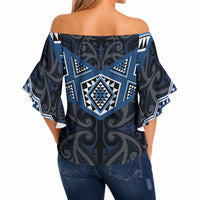 New Zealand Aotearoa Off Shoulder Wrap Waist Top Blue Taniko Art Maori Pattern LT05 - Polynesian Pride