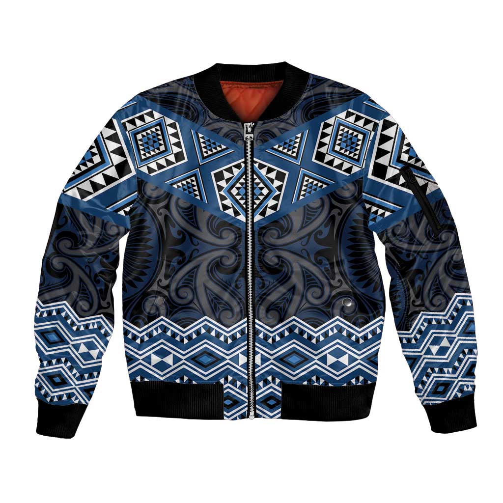 New Zealand Aotearoa Sleeve Zip Bomber Jacket Blue Taniko Art Maori Pattern LT05 Unisex Blue - Polynesian Pride