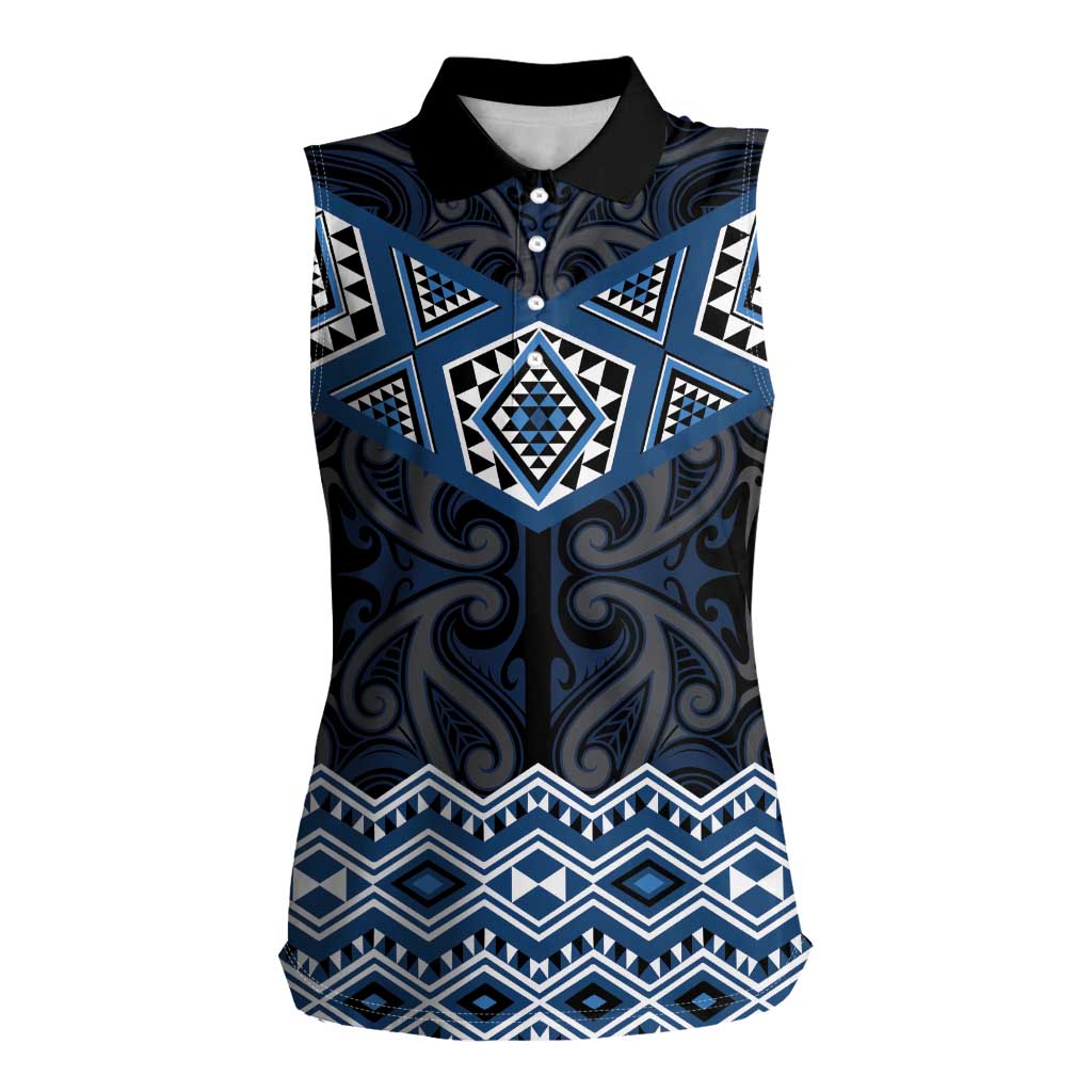 New Zealand Aotearoa Women Sleeveless Polo Shirt Blue Taniko Art Maori Pattern LT05 Female Blue - Polynesian Pride