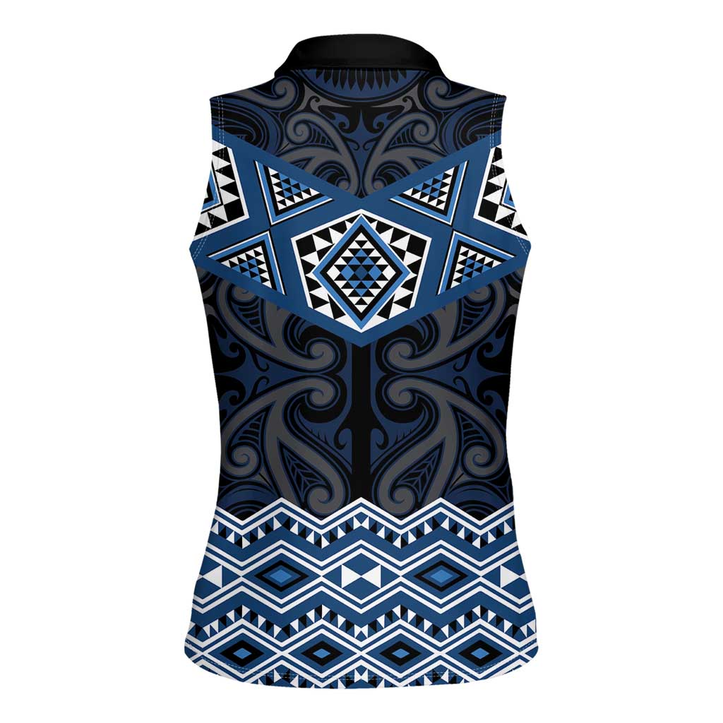New Zealand Aotearoa Women Sleeveless Polo Shirt Blue Taniko Art Maori Pattern LT05 - Polynesian Pride