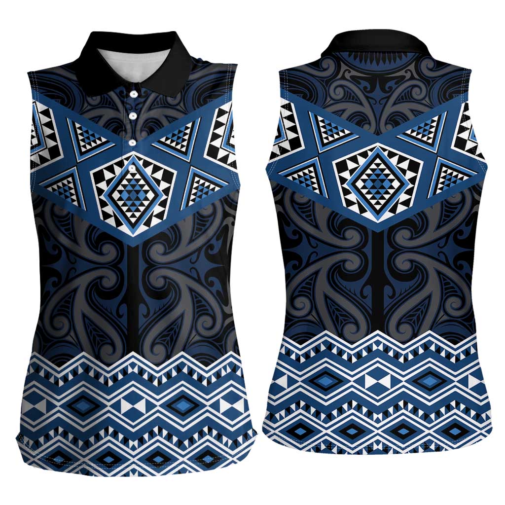New Zealand Aotearoa Women Sleeveless Polo Shirt Blue Taniko Art Maori Pattern LT05 - Polynesian Pride