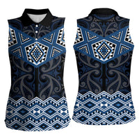 New Zealand Aotearoa Women Sleeveless Polo Shirt Blue Taniko Art Maori Pattern LT05 - Polynesian Pride
