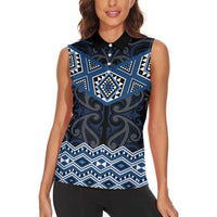 New Zealand Aotearoa Women Sleeveless Polo Shirt Blue Taniko Art Maori Pattern LT05 - Polynesian Pride