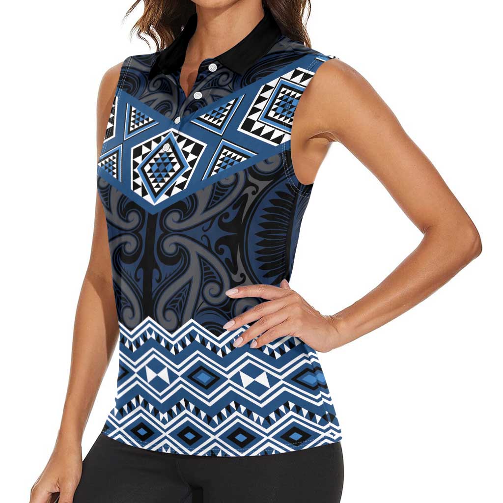 New Zealand Aotearoa Women Sleeveless Polo Shirt Blue Taniko Art Maori Pattern LT05 - Polynesian Pride