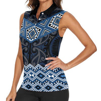 New Zealand Aotearoa Women Sleeveless Polo Shirt Blue Taniko Art Maori Pattern LT05 - Polynesian Pride