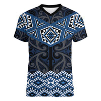 New Zealand Aotearoa Women V-Neck T-Shirt Blue Taniko Art Maori Pattern LT05 Female Blue - Polynesian Pride