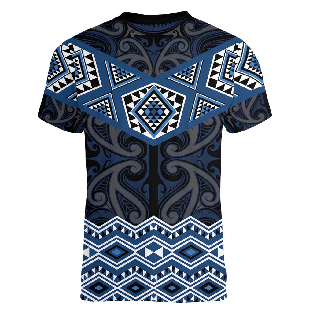 New Zealand Aotearoa Women V-Neck T-Shirt Blue Taniko Art Maori Pattern LT05 - Polynesian Pride