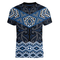 New Zealand Aotearoa Women V-Neck T-Shirt Blue Taniko Art Maori Pattern LT05 - Polynesian Pride