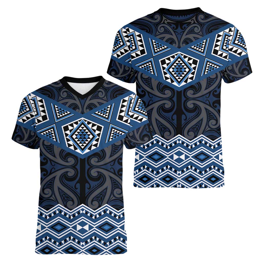 New Zealand Aotearoa Women V-Neck T-Shirt Blue Taniko Art Maori Pattern LT05 - Polynesian Pride