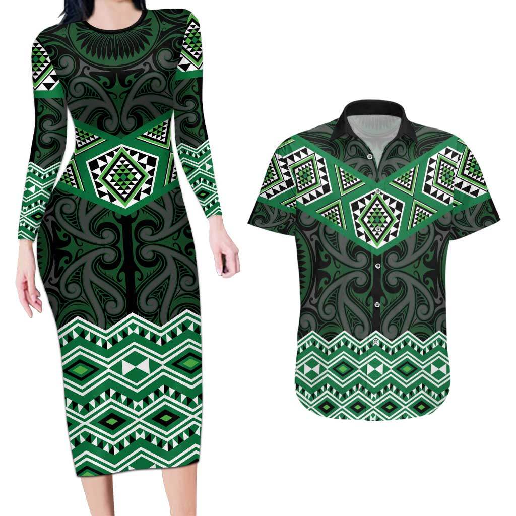 New Zealand Aotearoa Couples Matching Long Sleeve Bodycon Dress and Hawaiian Shirt Green Taniko Art Maori Pattern LT05 Green - Polynesian Pride