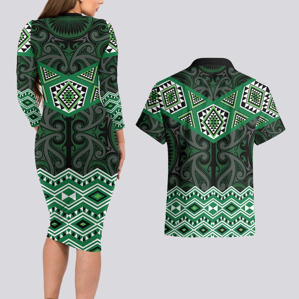New Zealand Aotearoa Couples Matching Long Sleeve Bodycon Dress and Hawaiian Shirt Green Taniko Art Maori Pattern LT05 - Polynesian Pride