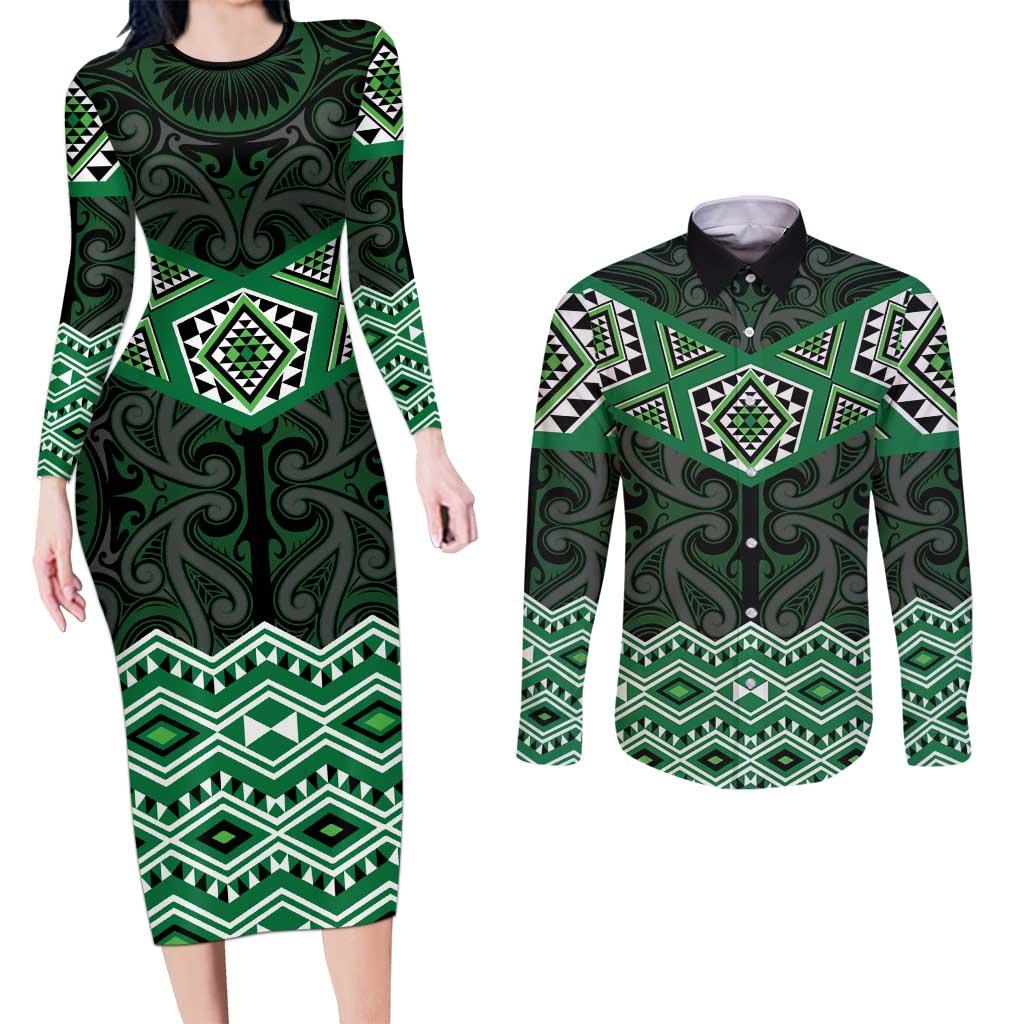 New Zealand Aotearoa Couples Matching Long Sleeve Bodycon Dress and Long Sleeve Button Shirt Green Taniko Art Maori Pattern LT05 Green - Polynesian Pride
