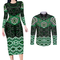 New Zealand Aotearoa Couples Matching Long Sleeve Bodycon Dress and Long Sleeve Button Shirt Green Taniko Art Maori Pattern LT05 Green - Polynesian Pride
