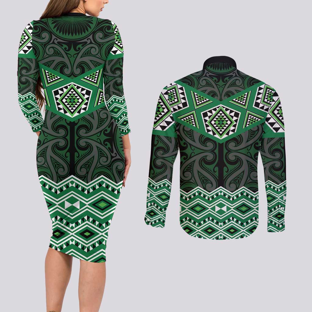 New Zealand Aotearoa Couples Matching Long Sleeve Bodycon Dress and Long Sleeve Button Shirt Green Taniko Art Maori Pattern LT05 - Polynesian Pride