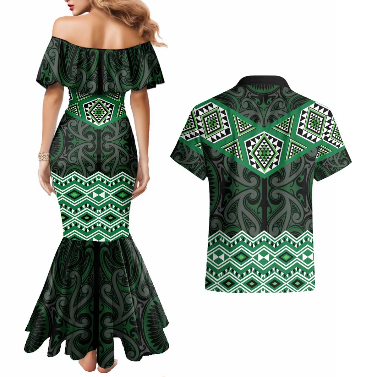New Zealand Aotearoa Couples Matching Mermaid Dress and Hawaiian Shirt Green Taniko Art Maori Pattern LT05 - Polynesian Pride