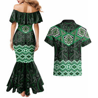 New Zealand Aotearoa Couples Matching Mermaid Dress and Hawaiian Shirt Green Taniko Art Maori Pattern LT05 - Polynesian Pride