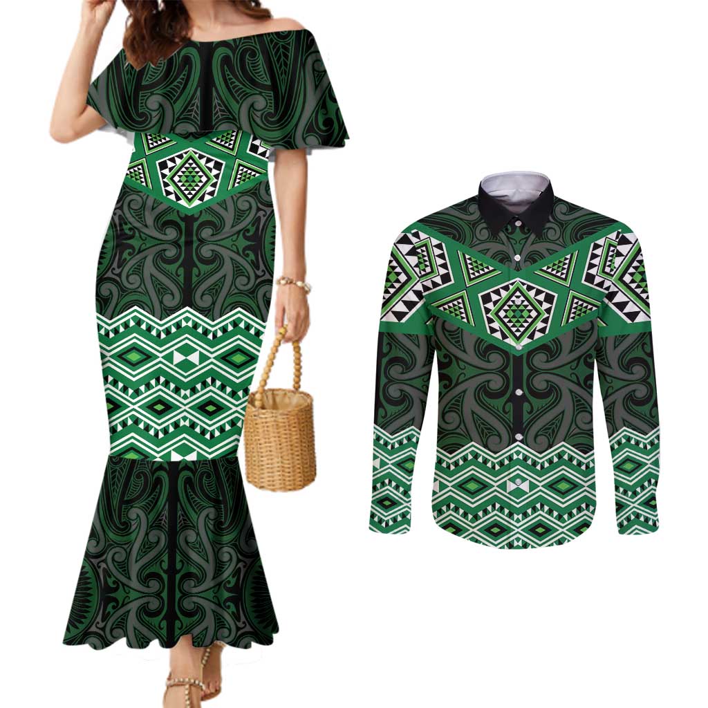New Zealand Aotearoa Couples Matching Mermaid Dress and Long Sleeve Button Shirt Green Taniko Art Maori Pattern LT05 Green - Polynesian Pride