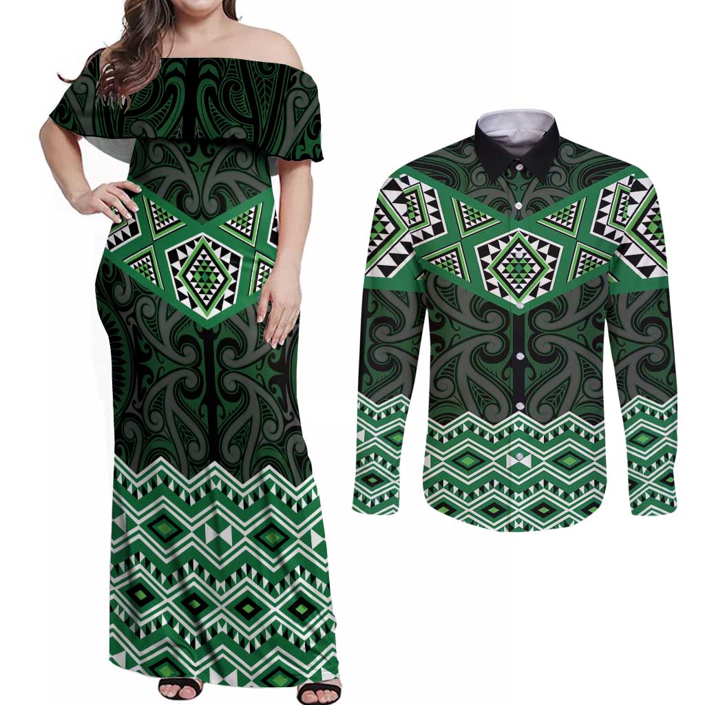 New Zealand Aotearoa Couples Matching Off Shoulder Maxi Dress and Long Sleeve Button Shirt Green Taniko Art Maori Pattern LT05 Green - Polynesian Pride