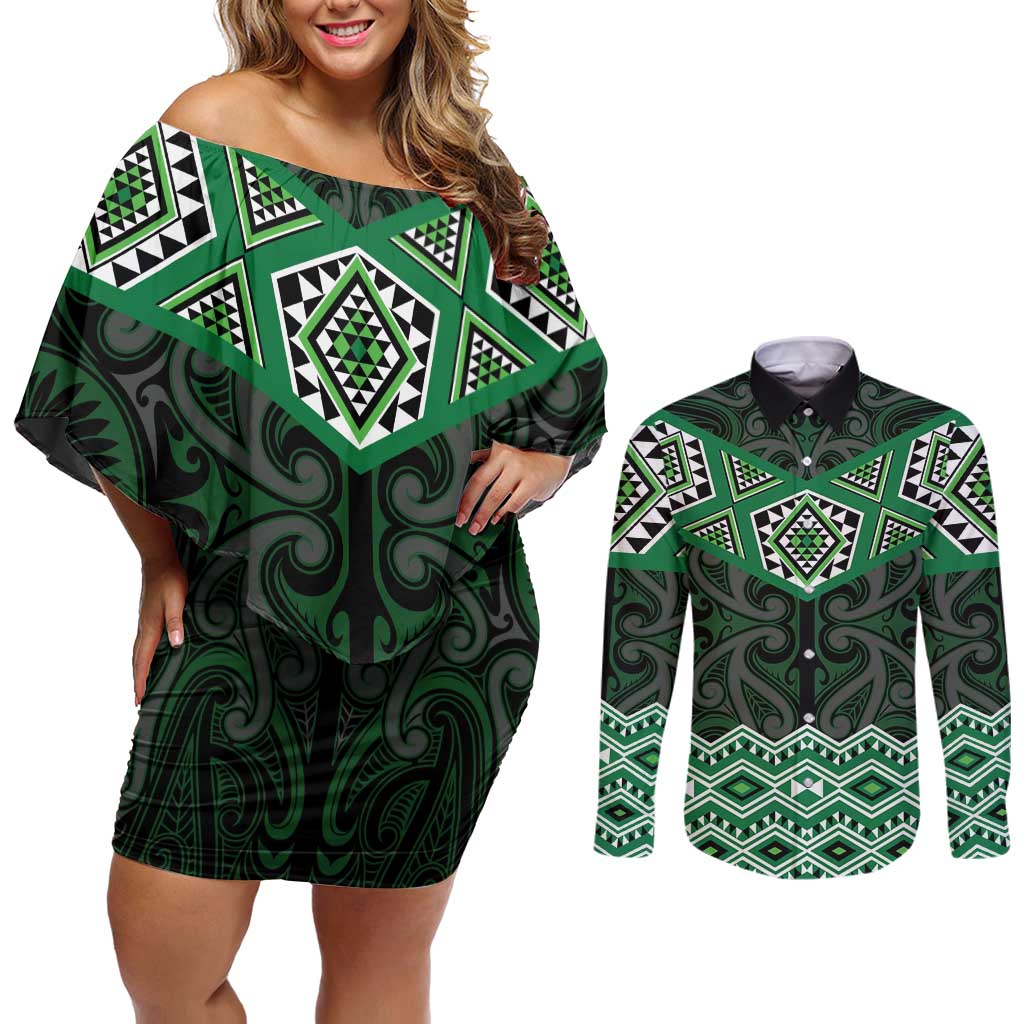 New Zealand Aotearoa Couples Matching Off Shoulder Short Dress and Long Sleeve Button Shirt Green Taniko Art Maori Pattern LT05 Green - Polynesian Pride