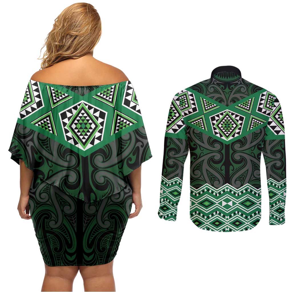 New Zealand Aotearoa Couples Matching Off Shoulder Short Dress and Long Sleeve Button Shirt Green Taniko Art Maori Pattern LT05 - Polynesian Pride