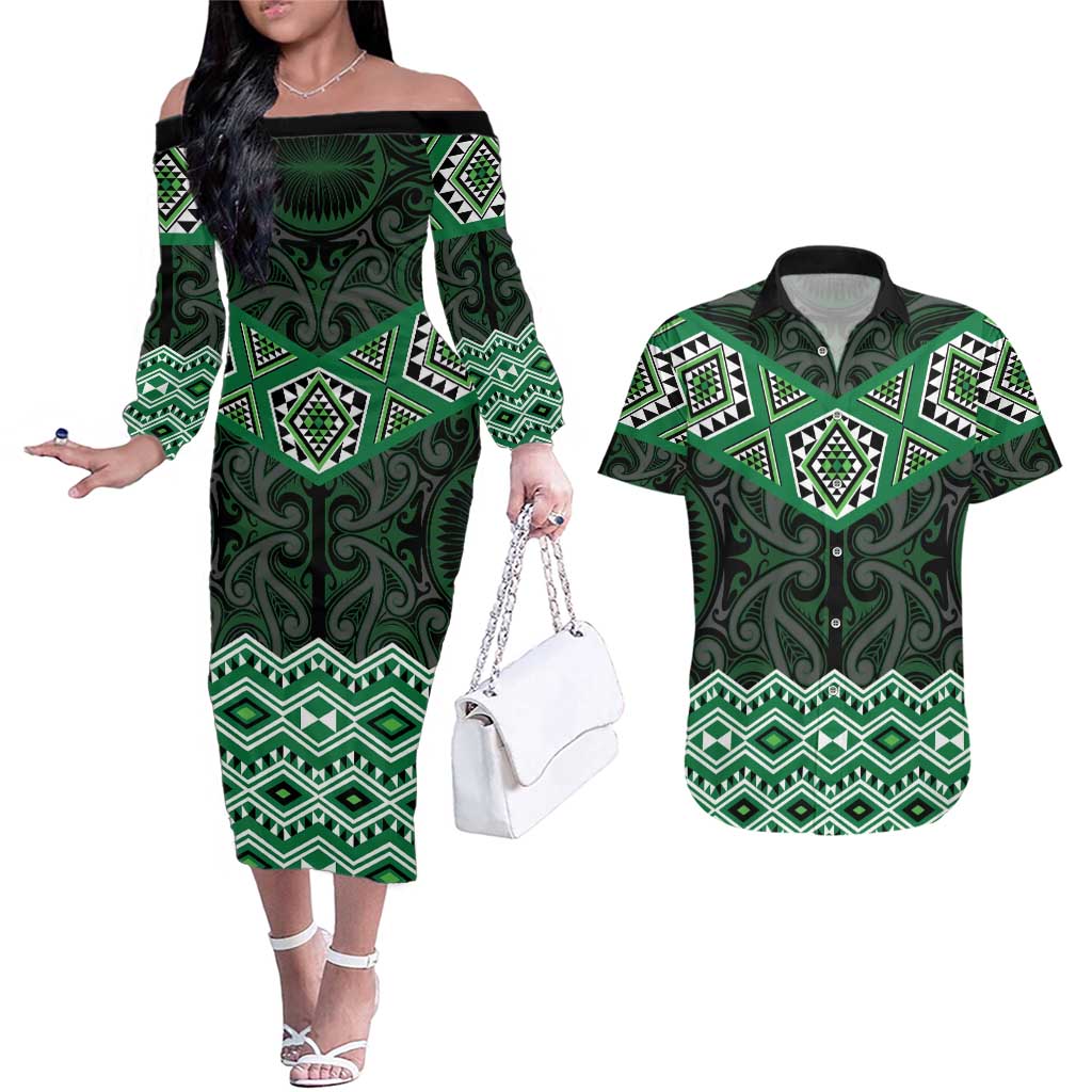 New Zealand Aotearoa Couples Matching Off The Shoulder Long Sleeve Dress and Hawaiian Shirt Green Taniko Art Maori Pattern LT05 Green - Polynesian Pride