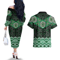 New Zealand Aotearoa Couples Matching Off The Shoulder Long Sleeve Dress and Hawaiian Shirt Green Taniko Art Maori Pattern LT05 - Polynesian Pride