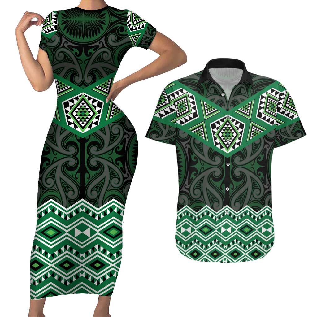 New Zealand Aotearoa Couples Matching Short Sleeve Bodycon Dress and Hawaiian Shirt Green Taniko Art Maori Pattern LT05 Green - Polynesian Pride