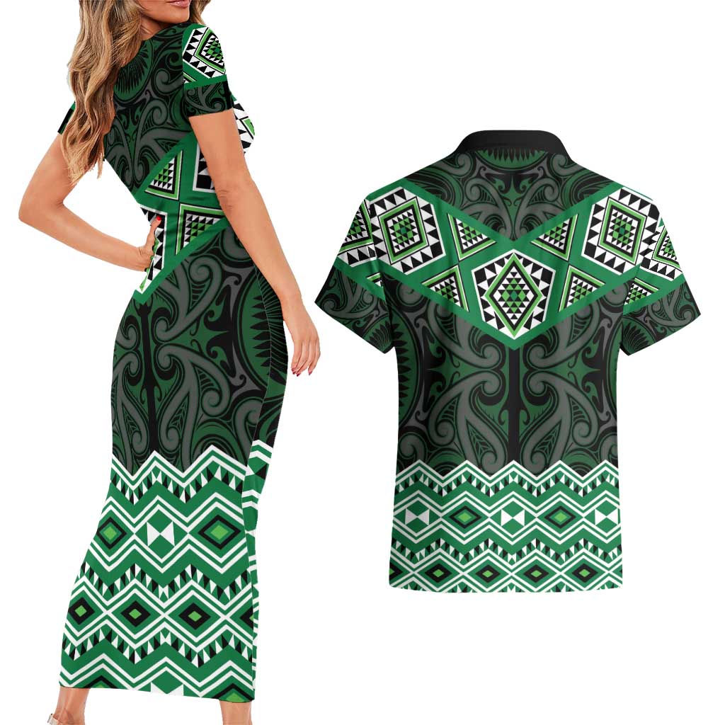 New Zealand Aotearoa Couples Matching Short Sleeve Bodycon Dress and Hawaiian Shirt Green Taniko Art Maori Pattern LT05 - Polynesian Pride