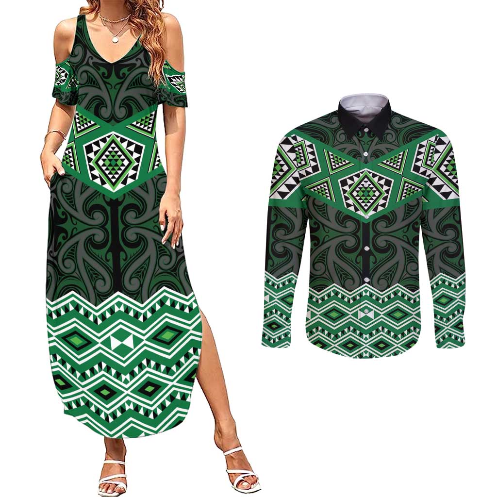 New Zealand Aotearoa Couples Matching Summer Maxi Dress and Long Sleeve Button Shirt Green Taniko Art Maori Pattern LT05 Green - Polynesian Pride