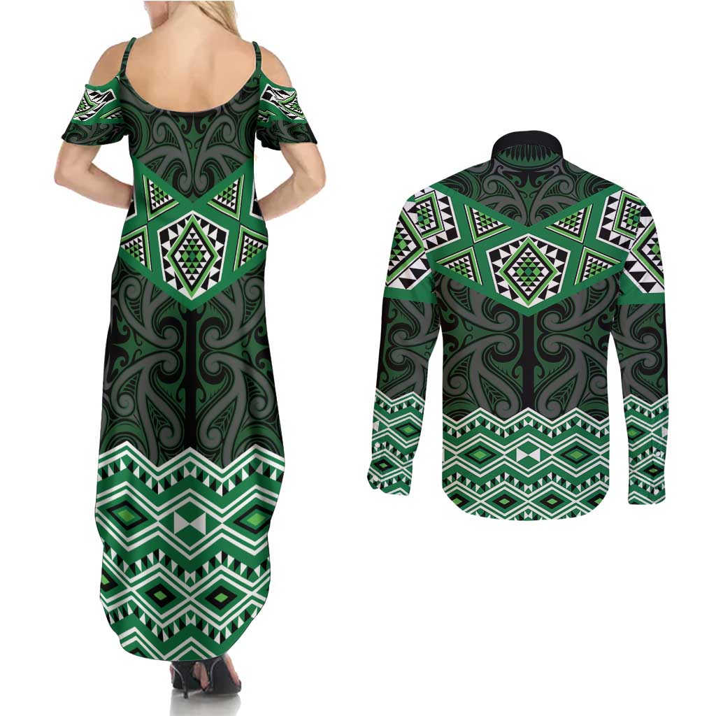 New Zealand Aotearoa Couples Matching Summer Maxi Dress and Long Sleeve Button Shirt Green Taniko Art Maori Pattern LT05 - Polynesian Pride