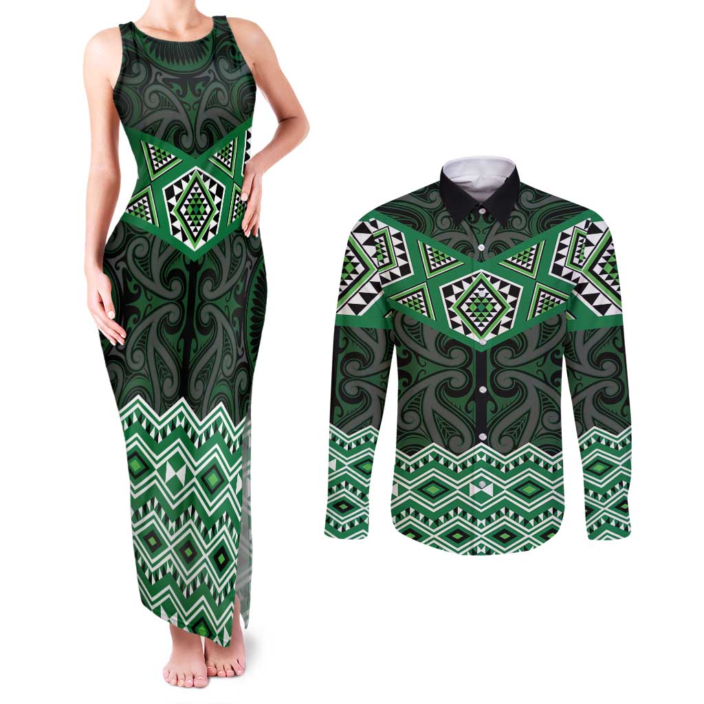 New Zealand Aotearoa Couples Matching Tank Maxi Dress and Long Sleeve Button Shirt Green Taniko Art Maori Pattern LT05 Green - Polynesian Pride