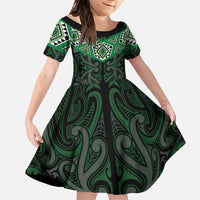 New Zealand Aotearoa Family Matching Long Sleeve Bodycon Dress and Hawaiian Shirt Green Taniko Art Maori Pattern LT05 Daughter's Dress Green - Polynesian Pride