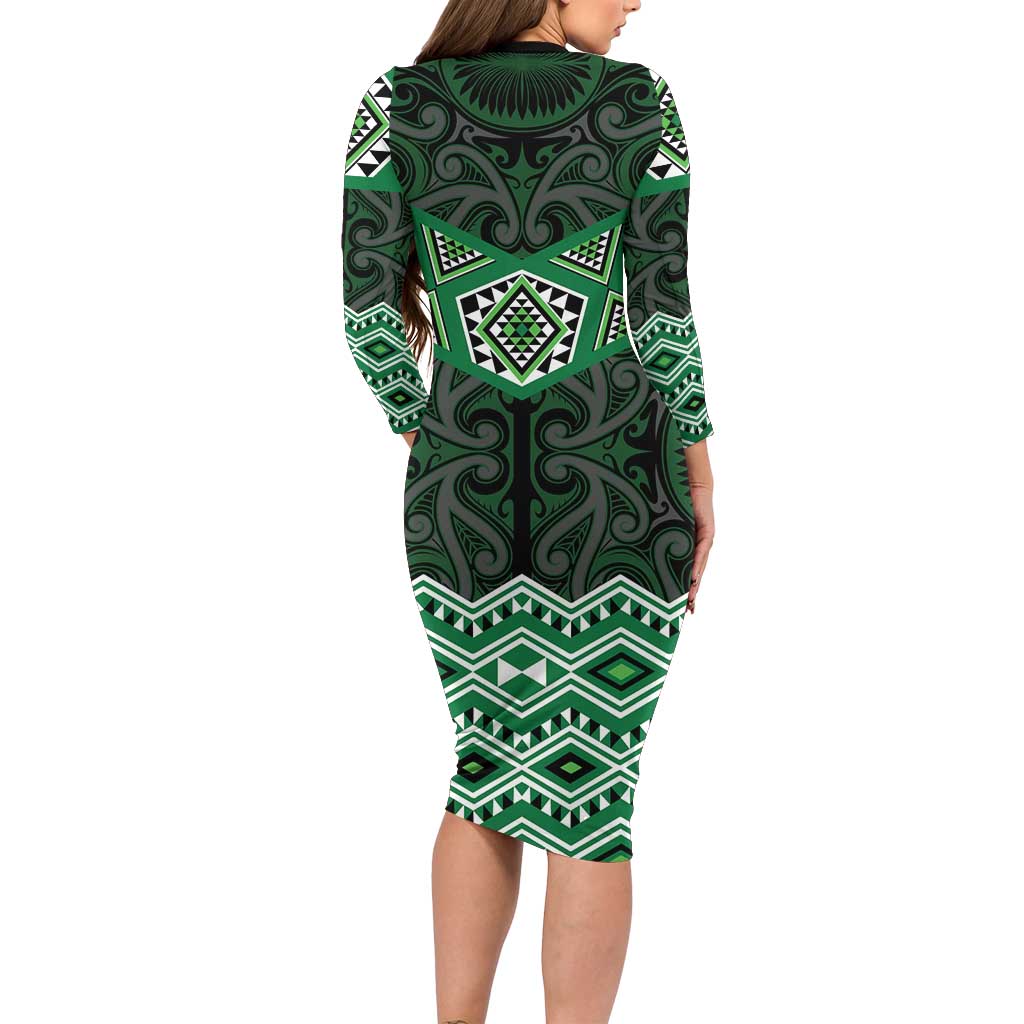 New Zealand Aotearoa Family Matching Long Sleeve Bodycon Dress and Hawaiian Shirt Green Taniko Art Maori Pattern LT05 - Polynesian Pride