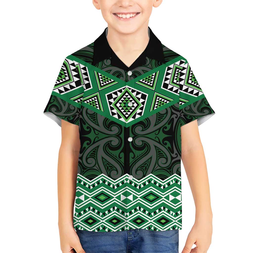 New Zealand Aotearoa Family Matching Long Sleeve Bodycon Dress and Hawaiian Shirt Green Taniko Art Maori Pattern LT05 Son's Shirt Green - Polynesian Pride