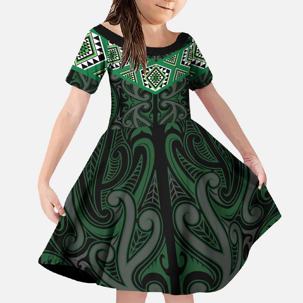 New Zealand Aotearoa Family Matching Mermaid Dress and Hawaiian Shirt Green Taniko Art Maori Pattern LT05 Daughter's Dress Green - Polynesian Pride