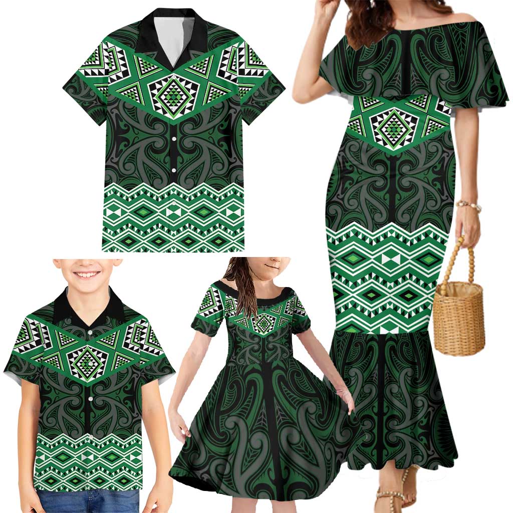 New Zealand Aotearoa Family Matching Mermaid Dress and Hawaiian Shirt Green Taniko Art Maori Pattern LT05 - Polynesian Pride