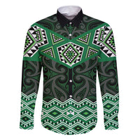 New Zealand Aotearoa Family Matching Mermaid Dress and Hawaiian Shirt Green Taniko Art Maori Pattern LT05 Dad's Shirt - Long Sleeve Green - Polynesian Pride